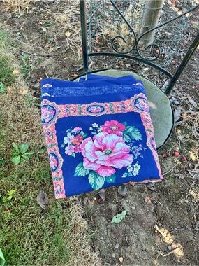 Vintage navy Victorian floral border fabric